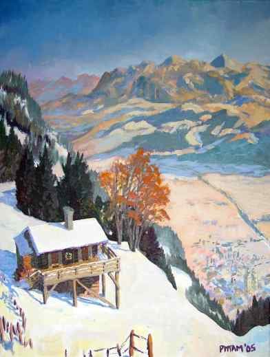 on the ski slopes above Hopfgarten, Austria, oil on canvas, 20'' x 16''