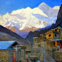 Oil painting of the Annapurna mountain range in the Himalayas, Nepal