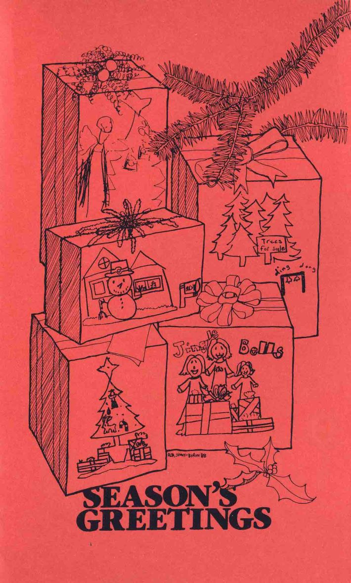 1988 Pittam Christmas card - artwork by Jenny and Byron Pittam with help from Dad.